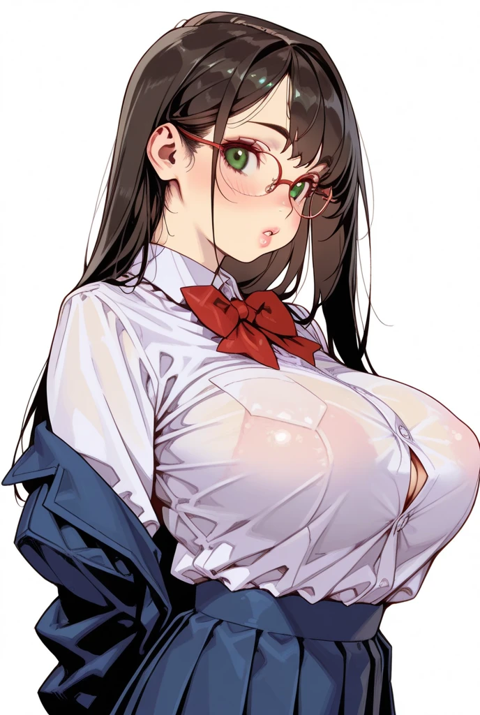 (8k, highest quality, masterpiece:1.2),High quality CG Unity 8k Large file size,Very detailed,High resolution,Beautiful Eyes,Ray Tracing,Dramatic Shadows,finely,Hyper Detail,(1 girl), anime, Perfect body, 

Black Hair, Braid, Glasses, 

white shirt, 

(blush, shy, sweat:1.2), (Fever, Estrus),

huge breast, 

rainy, wet body, 