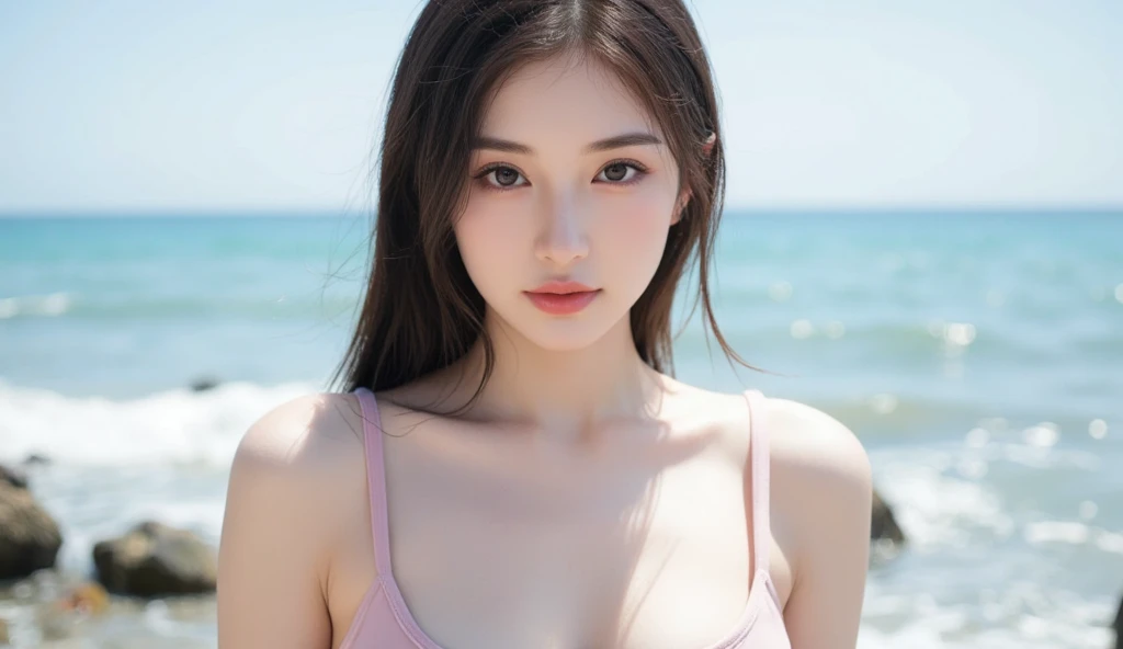 8K,Pieces fly, Highest quality, figure, Very detailed, finely, High resolution, 8k wallpaper, Perfect dynamic composition, Dark and beautiful eyes, Tight clothing, Random Cute Hairstyles, Natural color lip,At the Beach, Random cute poses,Cleavage