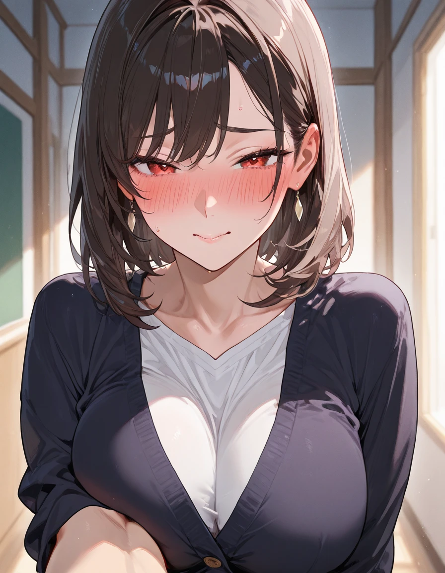(教室で青い長袖tracksuit in schoolを脱ぐExpose狂の女), blush, ((Expose, shame, , Sexy Bra, transformation,, Sweat, Excited, Ahegao)), on the chest