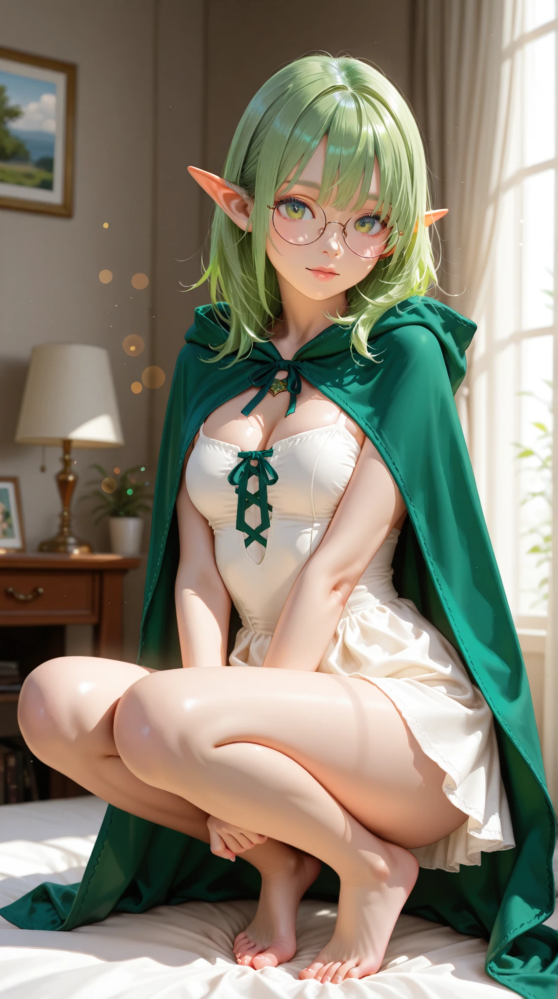 clay, blush, smile, Usual clothes, White and Blue clothes, White e Navy Blue Hat, Glasses, Combat Uniform, Primary school students, The back is very smal, Lolita, Small breasts, Show me your armpits, exterior: 14 years old, Shoulder Bare, The clavicle is visible, Sexy thighs, Beautiful feet, Usual hairstyle, highest quality, High resolution, unity 8k wallpaper, (shape:0.8), (Beautiful and beautiful eyes:1.6), Highly detailed face, Perfect lighting, Extremely detailed CG, (Perfect hands, Perfect Anatomy), (Green Hair:1, Short Hair:1.2)