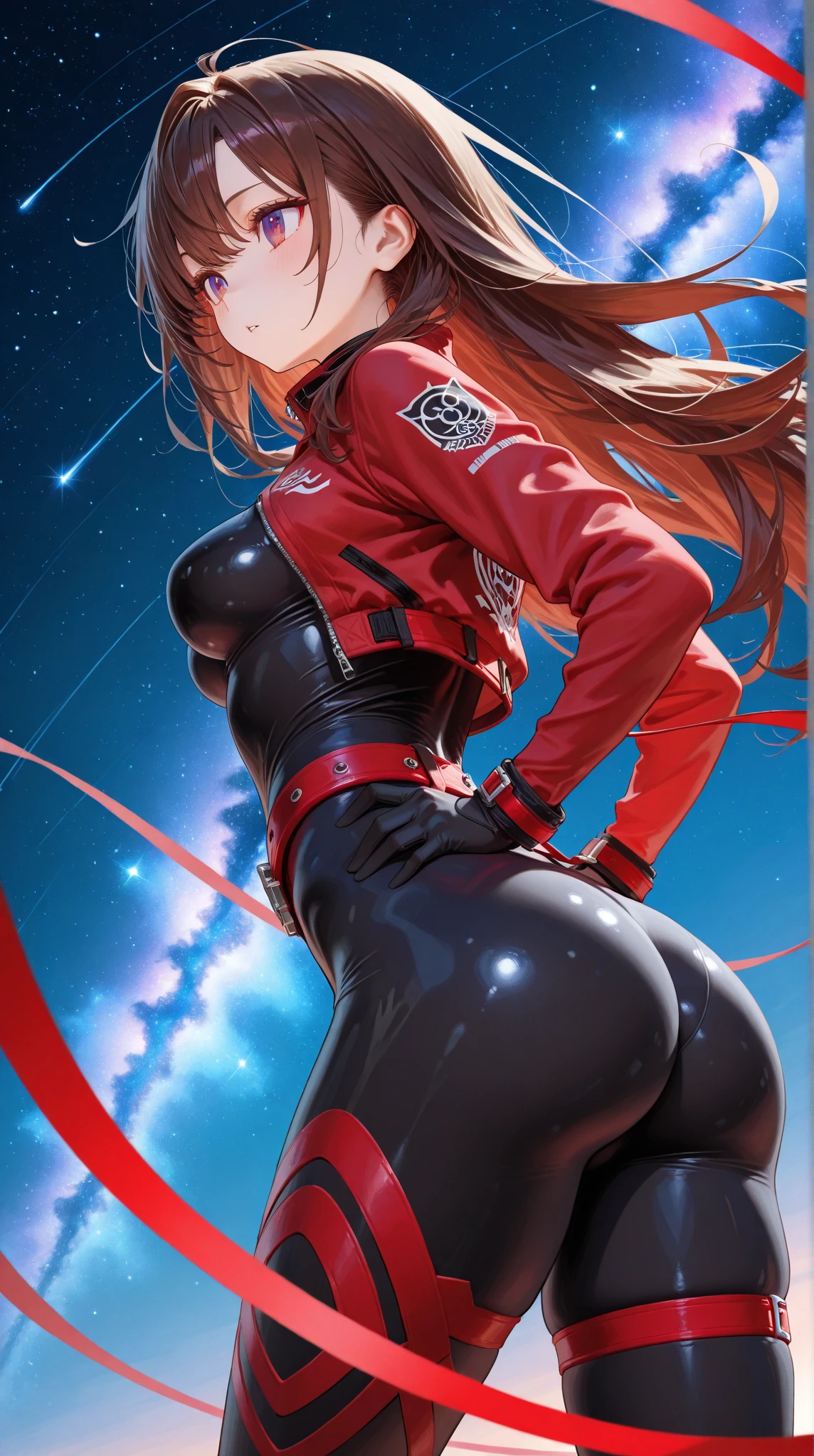 ​masterpiece、top-quality、Movie stills、1 female、Brown hairs、Colossal tits、Huge ass、red body suit、Brown eyes、thick thighs、poneyTail、wide hips、Thigh muscles、Strong thighs 、(Spark:0.7)、Kunoichi