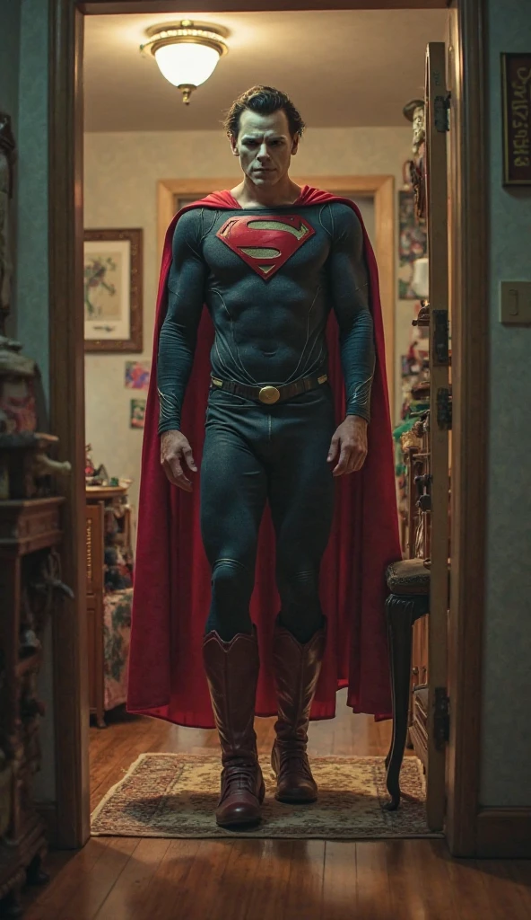 close-up, man (Jason Momoa, wearing a classic superman suit)