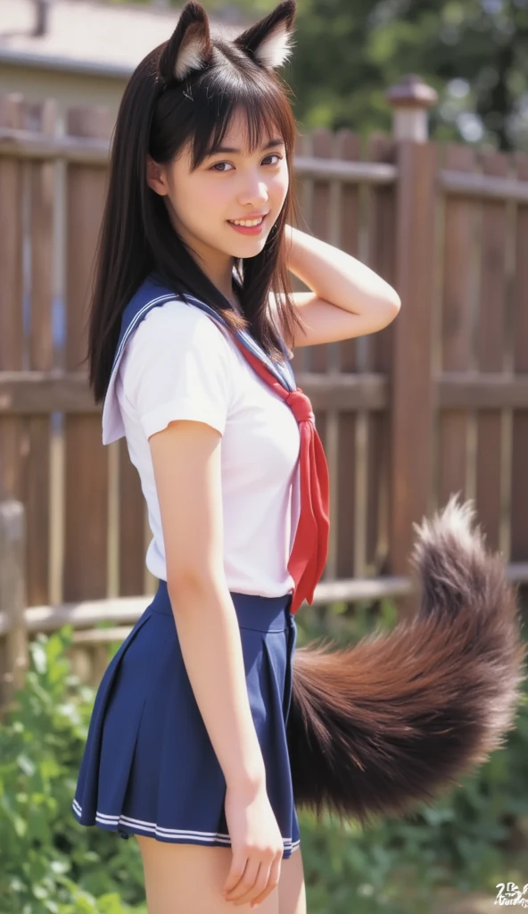 ((Highest quality, 8k)), ((masterpiece)), (Highest Resolution), Perfect Face, Fox Woman, Female college student, Beautiful woman, Outdoor, Only one tail, she has thick thighs, Her large tail, Her brown fox tail, She wags her tail, smile, Collar on Leash, She is wearing bloomers as part of her gym uniform., Plump Breasts, Beautiful Hips , Her fox tail sticks out from her bloomers, On all fours