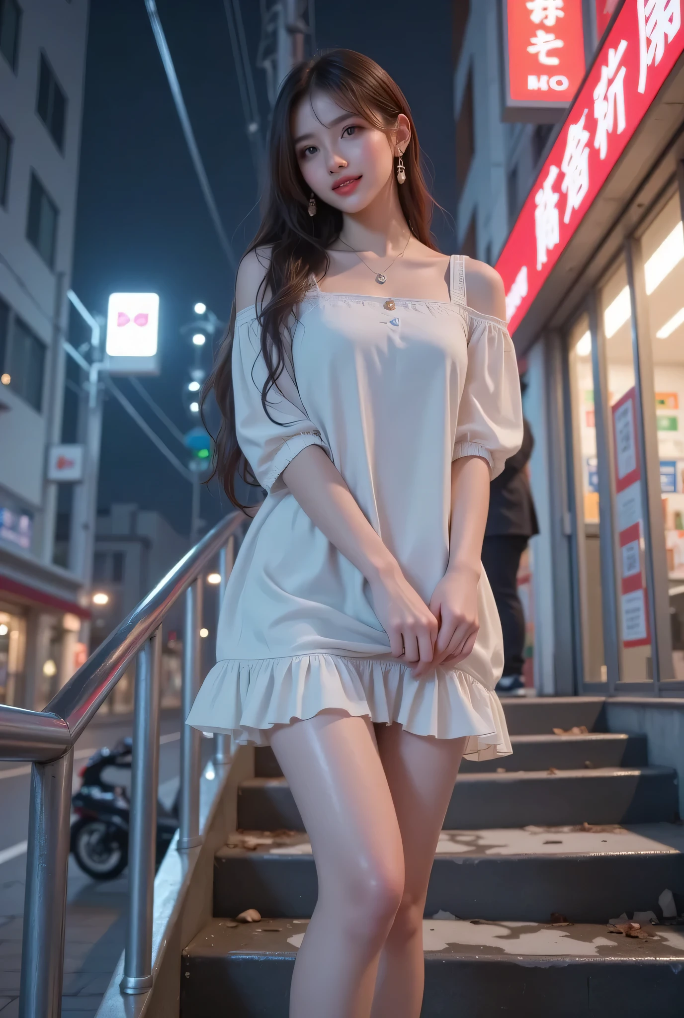 ultra fineCG Unity 8k壁紙、best image quality、ultra fine、masterpiece、real、photoreal、Ultra Fine Cute Girl、18 years old、(The girl standing on the stairs)。((back view))、(looking back at the drugstore)、(笑faceの女の子)、((Skirt Flip))、(Turn it over yourself))、low angle、Cheek、 red lips、viewers streaming out of their glans、((low angle)Lightning Body Shot、(off-shoulder wet white dress、miniskirt:1.5)、(underwear that makes me cry a little)、()、(white high heels)、(beautifulface:1.3)、(perfect proportions:1.2)、(long)foot:1.2)、(beautiful:1。3)、((looks like her panties are visible from under her skirt))、((pink Japanese high school panties visible))、((wet hair、's wet skin on the street at night))、sexy。Emoji、(holding a floating skirt with her hands)、 flirting、face、(Skirt Left)、(wet hair、's wet skin on the street at night)、Yuko、cloudy、winter、(BAPV)