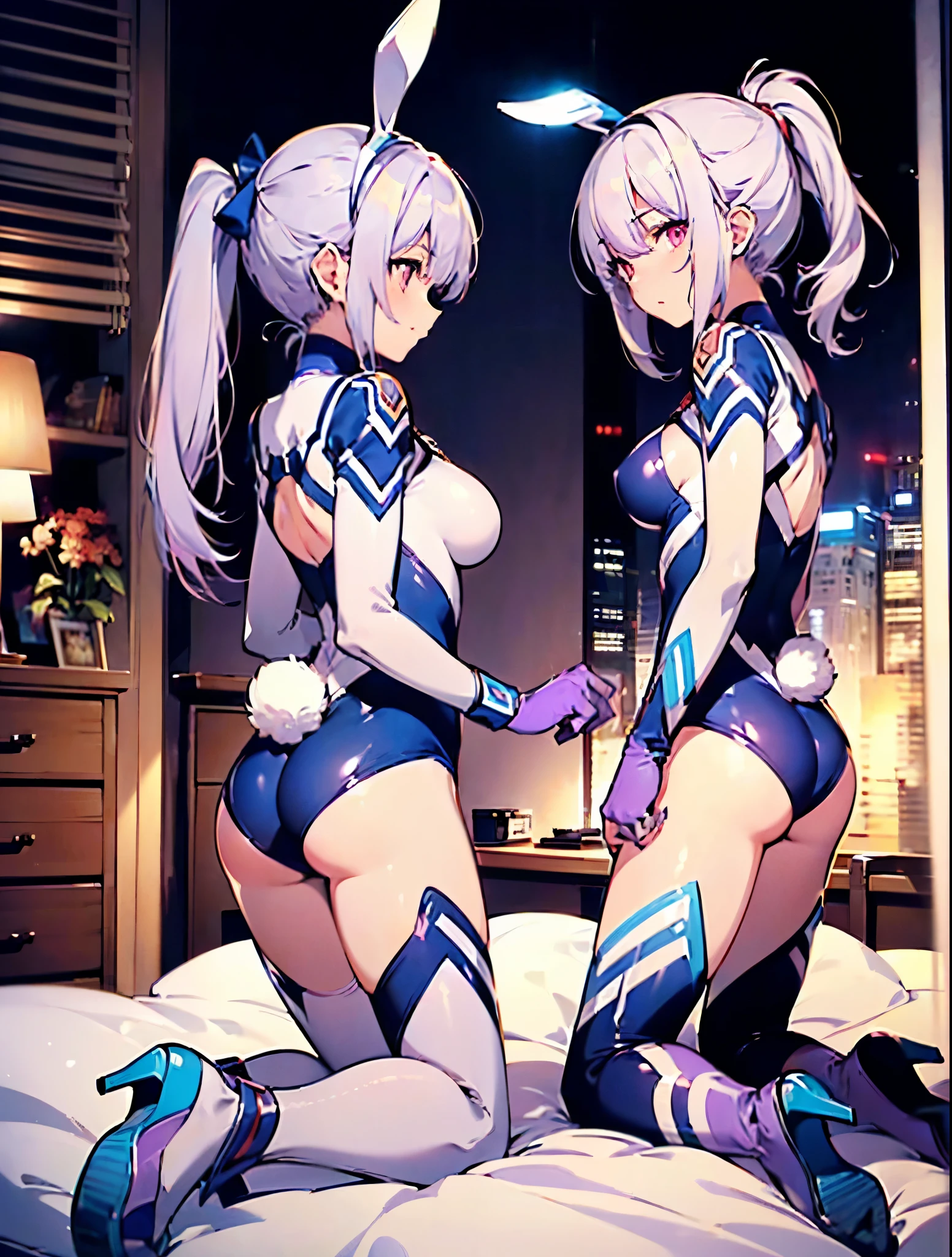 Kiana Kaslanakiana_kaslana_(white_comet),silver hair,very long hair,twin braids,ahoge,bangs,blue eyes,medium breasts,bodysuit,hairband,cleavage cutout,hair ornament