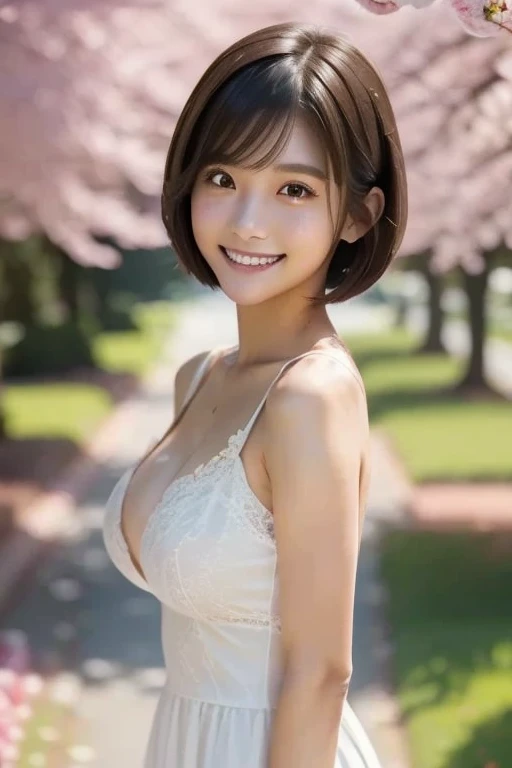 A japanese woman kneels in a park where white clover blooms all around, a forest can be seen in the background, mountains can be seen further back, fresh, gentle, exquisite and beautiful face, exquisite collarbone, seductive and delicate collarbone, charming fragrant shoulders, shoulders slightly exposed, in a strapless white bikini, short skirt, pretty face, peach Red lips, tender and smooth skin,white skin,bob hair, short hair,smile with teeth, white teeth,very realistic details, ultra-high resolution,bokeh,outstanding details, 8K