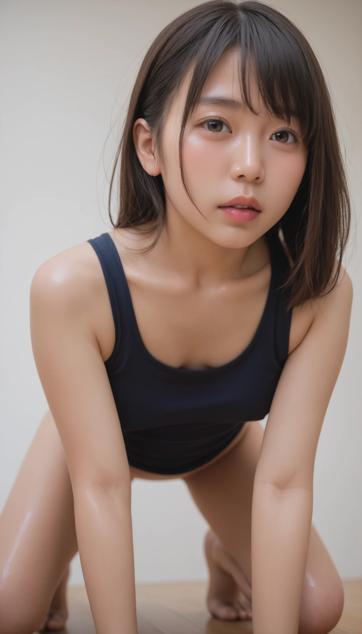 Beautiful woman looking at camera, detailed photo of petite person in very sexy maid costume, (slim, small, flat), sexy pose, wet body, soaked, sexy pose, wet body, soaked, kneeling, from above, slender, delicate and sexy collarbone, on all fours, upper horn: 1.5, wistful look, 16-year-old woman, costume without shoulder straps,