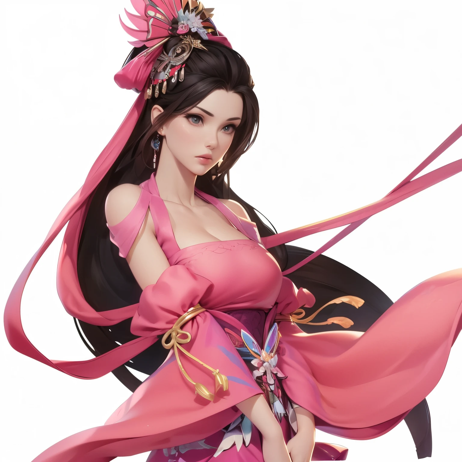 Front view of a woman,Extra large cup, are perfectly detailed,has exquisite facial features, Clothes are exquisite , Game Character Design ,3D Rendering