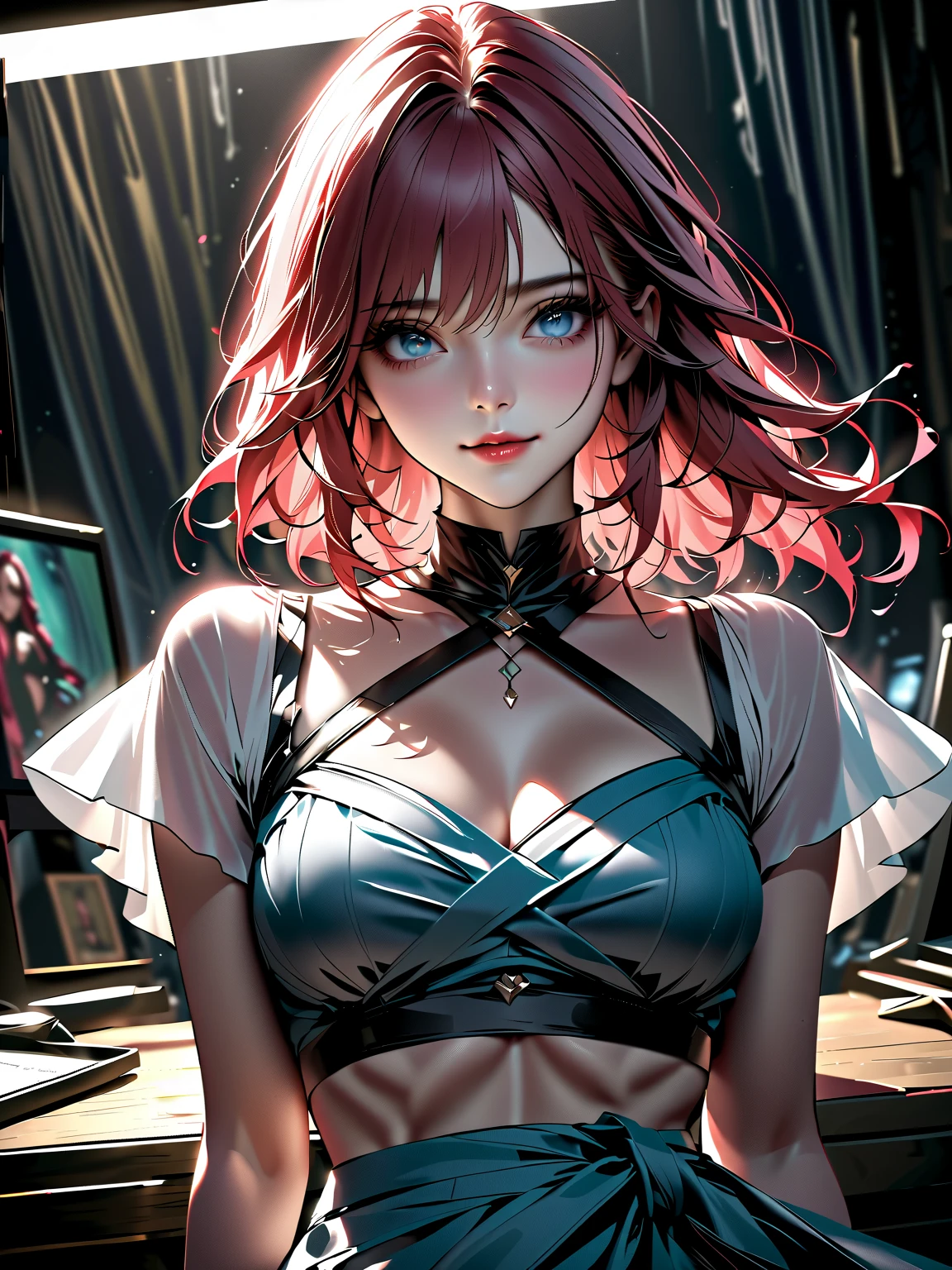 ((sexy dress)))A girl, The character Makima from the anime series Chainsaw Man, scary, makima, Beautiful figure, Skinny black pants, cowboy shot, leaning forward, holding dog leash, pulling leash, head tilt, looking at viewer, looking down at viewer, red hair, Orange Eyes, white shirt, sexypose, Realistic, Very detailed, handsome body, Detailed body, Detailed hands, Detailed, Vibrants, Detailed Face, Makima's character design. Very detailed, Detailed body, Detailed hands, Detailed Face, anime art, extremely detailed CG unity 8k wallpaper, detailed light, Cinematic lighting, chromatic aberration, glittering, expressionless, epic composition, dark in the background, Cherecter Desing, Very detailed, Detailed body, Vibrants, Detailed Face, sharp-focus, anime art, Vibrants, Detailed Face, Hugh Details, sharp-focus, Very drooping face, evil smile, A detailed eye, super fine illustration, better shadow, finely detail, Beautiful detailed glow, Beautiful detailed, Extremely detailed, expressionless, epic composition, Presented at artstation, Octane Render, artstation hd, Cinematic, 4 thousand., hypermaximalist, elegant