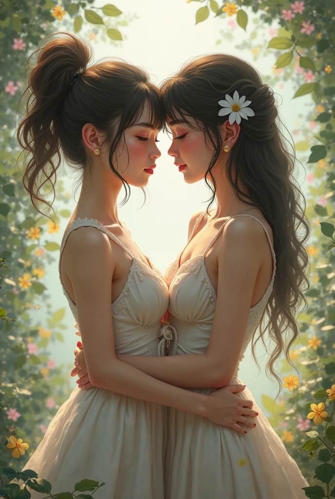 couple（ember）big breasts and big breasts（female pervert）Holding and kissing，Naked，The male is Xiang Yu，The female is Yu Ji，Wearing tulle。The sky is fluttering with feathers，evening light，the setting sun，ln the forest，rios。Live-action texture，The light effect is soft，Warm yellow tones。Ultra-clear resolution。 --auto