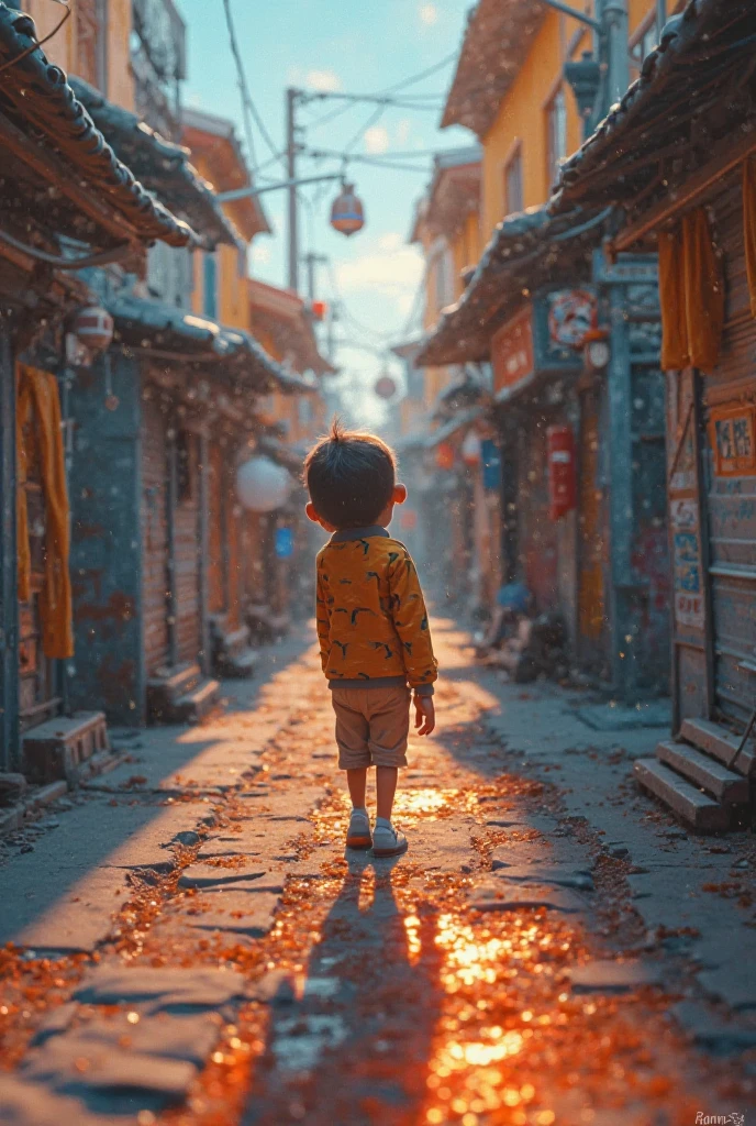 As the boy ascends the alley, the worn-out walls echo with the beats of the rapper's music video shoot. In the gully, hustle and creativity collide. Bright colors and urban decay form the backdrop for this unexpected encounter. The contrast between the mundane setting and the vibrant scene being captured adds a touch of whimsy to the moment. The boy's expression hints at a mix of curiosity and amusement as he navigates through this surreal intersection of daily life and artistic expression.