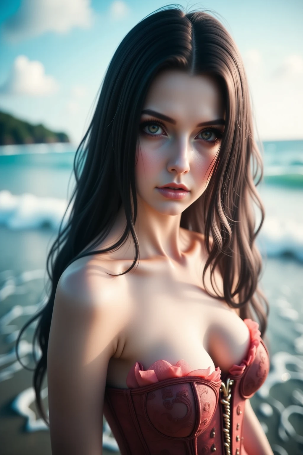 RAW、analogue、Nikon Z 85mm、Award-winning and attractive photos、((top-quality))、((​masterpiece))、((realisitic))、Vintage images、see-through_lace_dress 、22year old、(long brown hair)、Hazel-colored eyes、(layers-Cut、Normal-sized:1.2)、With the seaside as a backdrop、Petite ((tiny chest))、innocence、intricate detailes、ighly detailed、Sharp Focus、Digital Rendering、proffesional、4k、artstation、artgerm、God Ray、Hand model、stunning blue eyes、Beautiful woman with perfect body shape:1.4、delicate、innocence、hight resolution、detailed facial features、high detal、Sharp Focus、smoother、Aesthetic、ighly detailed、photo_\(ultra\)、Photorealsitic、reallistic、post processed、Maximum detail、Roughness、Real Life、Ultra Realistic、photorealisim、a picture、8k uhd、a picture、Semi Silhouette Light、Russian Face、octanerender、sexypose、Turning Pose