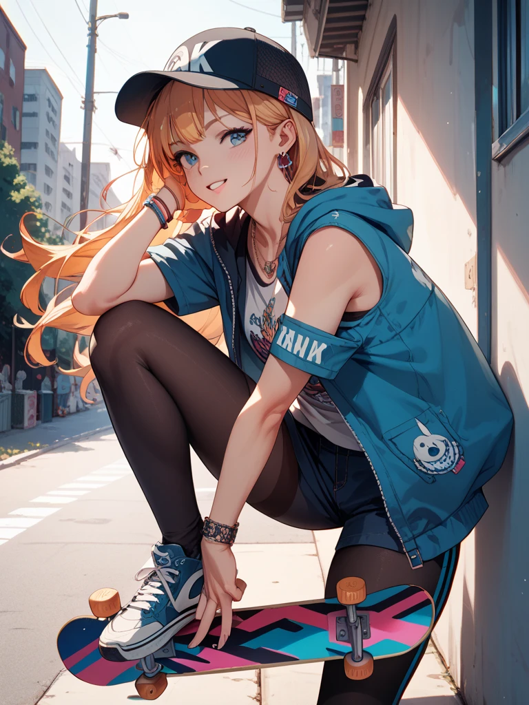 (masterpiece, best quality), (detailed and beautiful eyes), (detailed eyes and detailed face), (beautiful and clear background), (extremely detailed CG, super detailed, best shadows), (( depth of field)), beautiful conceptual illustration, (illustration), (extremely delicate and beautiful), (perfect detail) ,an anime art picture of five cartoon characters in a photo shoot pose baseball cap, hat, blue eyes, shoes, squatting, multiple girls, smile, blonde hair, shorts, sneakers, hood, open mouth, looking at viewer, long hair, blue hair, 5girls, brown hair, :d, short hair, hoodie, bangs, long sleeves, jacket, short shorts, shirt, twintails, white footwear, denim, open clothes, graffiti