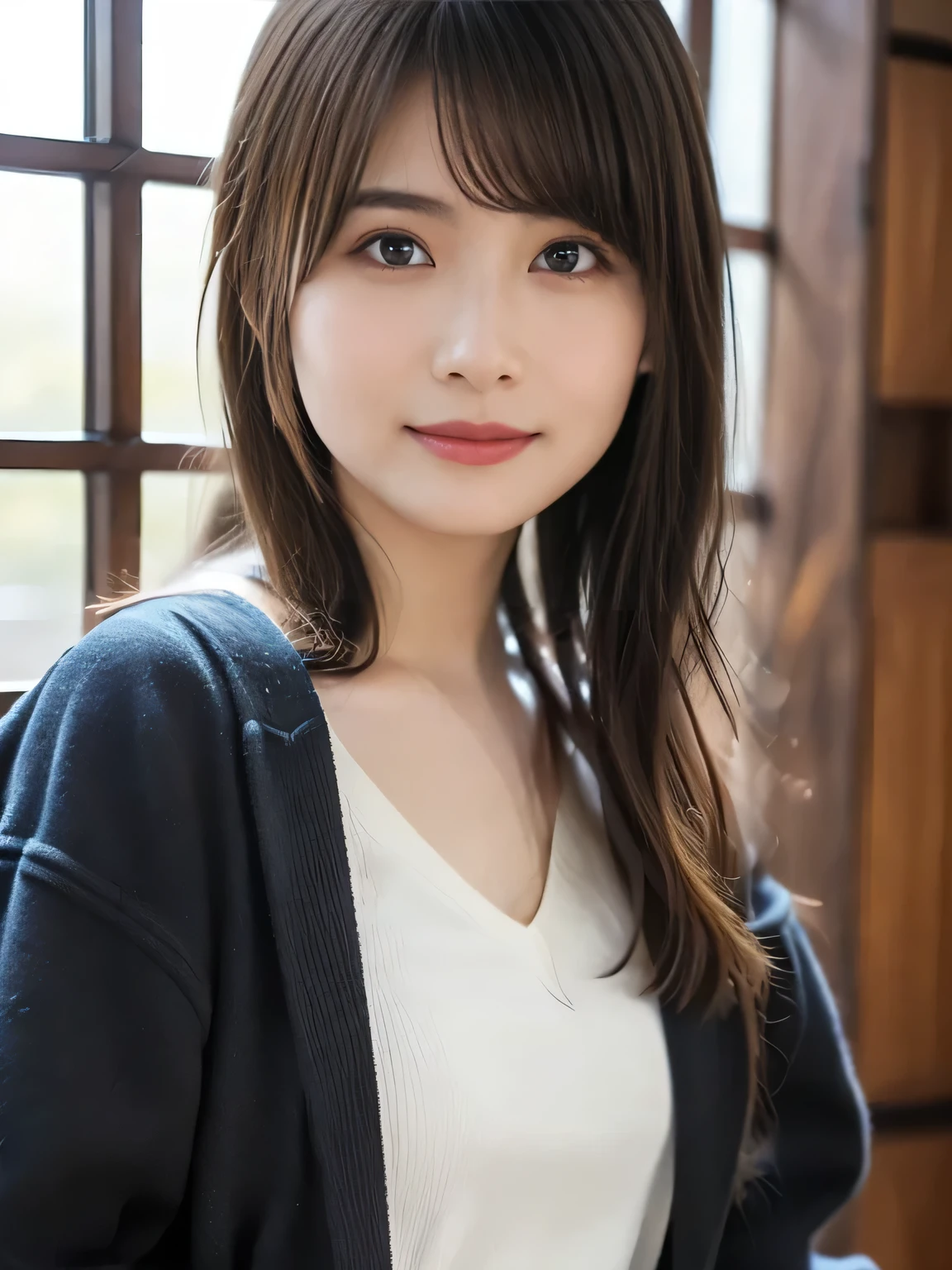 (8k、RAW Photos、Highest quality、masterpiece:1.2)、(Realistic、Realistic:1.37)、Very detailed、Ultra-high resolution、1 person、View your viewers、Beautifully detailed face、A smile showing just a few teeth、narrow、(Narrow waist) :1.3)、((Wearing a suit))、Beautiful and detailed skin、Skin Texture、Floating Hair、Shapely large breasts、Professional Lighting、Bright room、Bright library、Human whole body、Black Hair、I have a book、