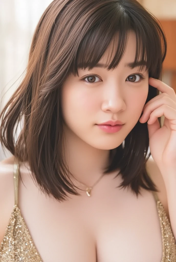 masutepiece, Best Quality, Illustration, Ultra-detailed, finely detail, hight resolution, 8K Wallpaper, Perfect dynamic composition, Beautiful detailed eyes, Women's Fashion Summer,Medium Hair,Small breasts natural color lip, Bold sexy poses,Smile,Harajuku、20 years girl、Cute、Sexy shot looking at camera