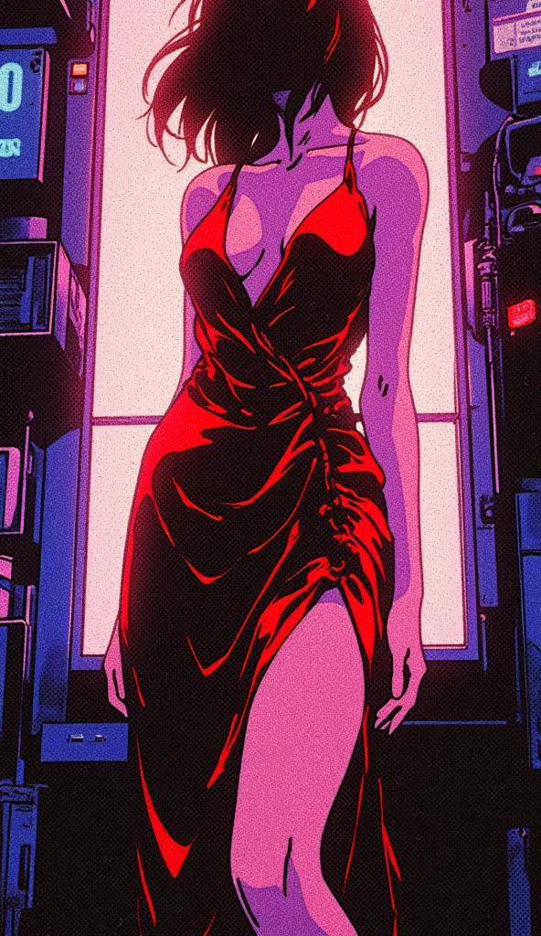  .Can u generate a retro vintage anime style image, with glowing light reflections giving it a nostalgic vibe, the image feature a girl in v-style red dress, the dress is falling from her body till the waist revealing her torso .  , the overall mood of the image is sci-fi cyberpunk, the background is a neon screen with two colors (purple and blue)


