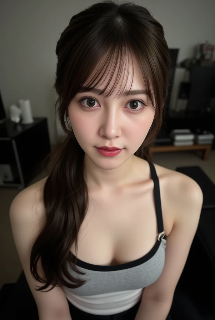 ((Best quality, 8k, Masterpiece :1.3)), 1girl, Pretty woman with emphasizing slender abs :1.3, (random hairstyles, Huge breasts :1.2), Casual outfit :1.2, Indoor, Ultra-detailed face, Detailed eyes, Double eyelid