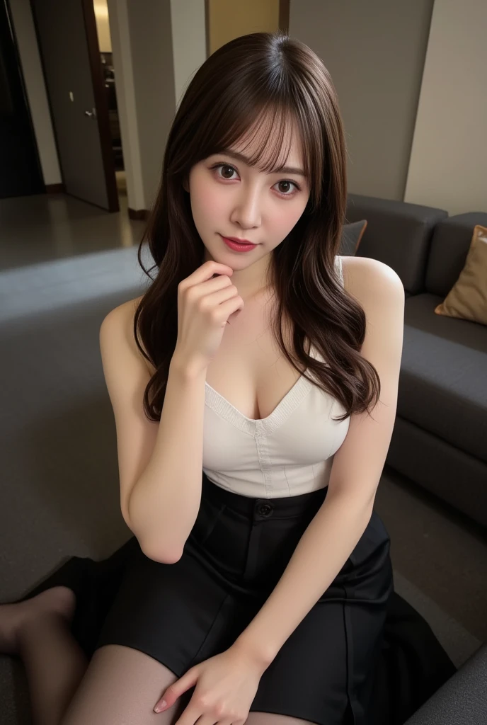 1girl in, NSFW, Spread legs, (Best Quality, High resolution, masutepiece :1.3), A tall and pretty woman, Slender Abs, Upper body naked, (((lare breasts))), (((bared chest))), sexy pose, Red mini skirt, Dark brown hair styled in loose waves, Large breasts, Standing, cleavage of the breast, wearing pendant, white t-shirts, Belt bag, (Modern architecture in background), Details exquisitely rendered in the face and skin texture, Beautiful Korean Woman, Detailed eyes, 二重まぶた, Natural beautiful smile