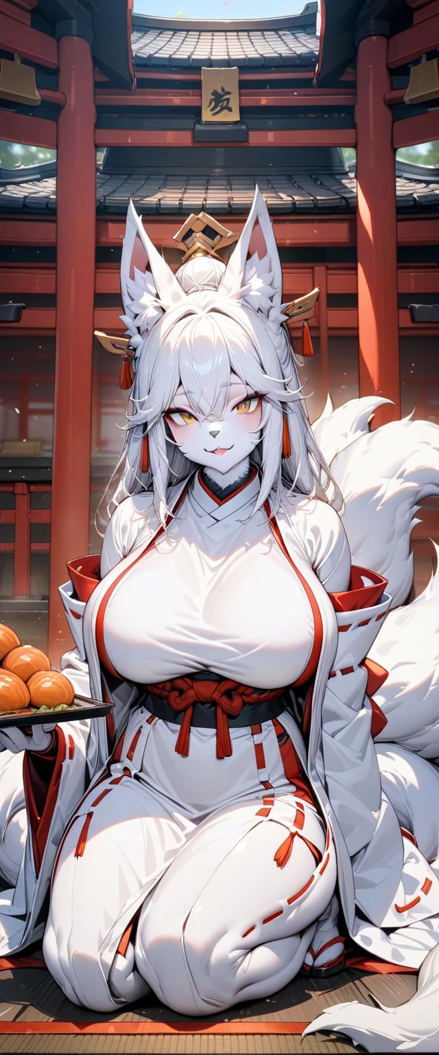 Fox girl extreme muscular body, samurai outfit, fair skin, fox ears, 9 fluffy fox tails and gigantic breasts.