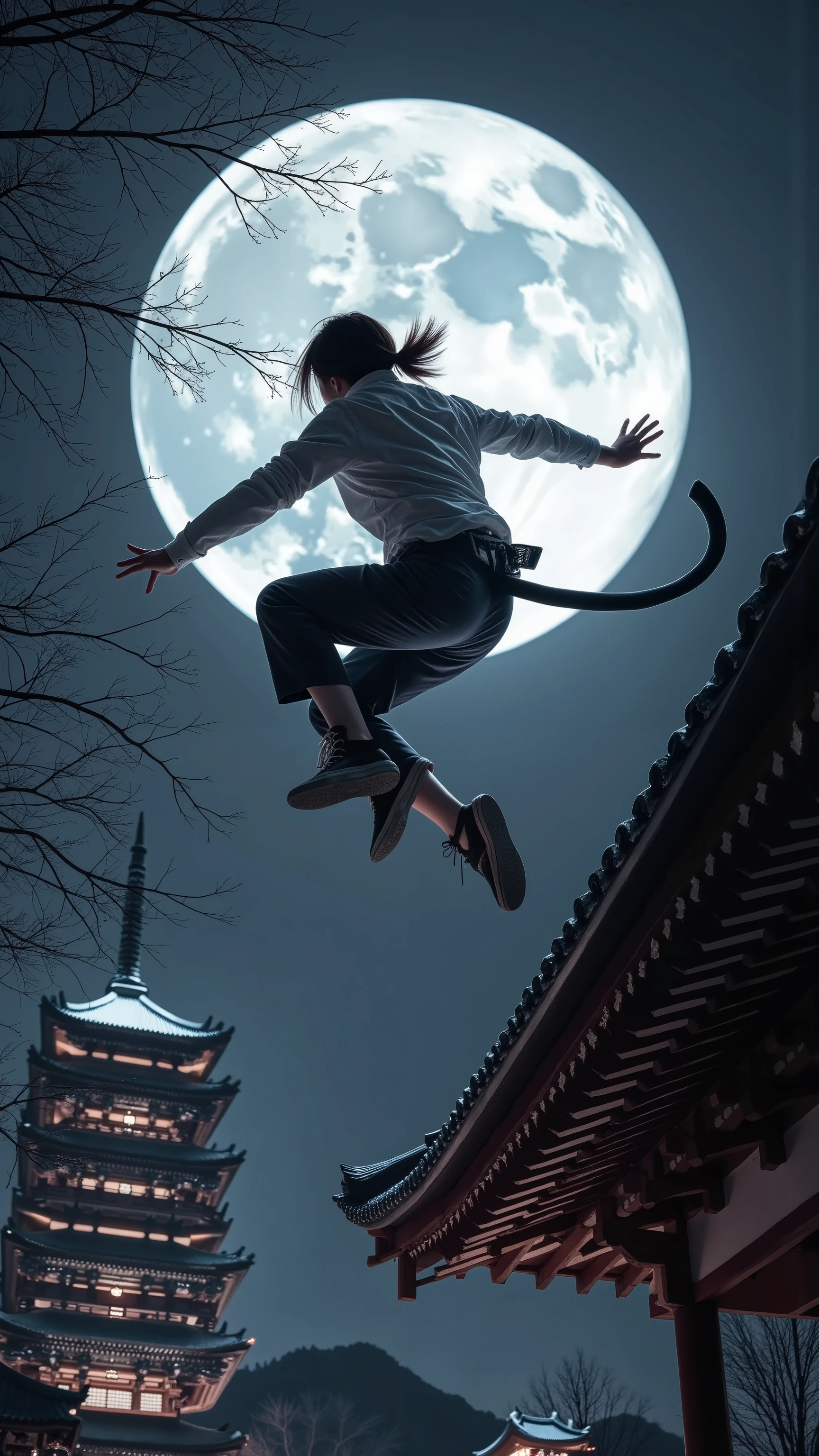 『Cat』parkour with a forked tail:with amazing jumping power and sense of balance。light『Cat』Women、in Koto Prompt、is flying between temples and shrines like parkour。That movement is like a shadow。style:ink painting style action、dynamic composition、Silence and dynamism, dutch angle,