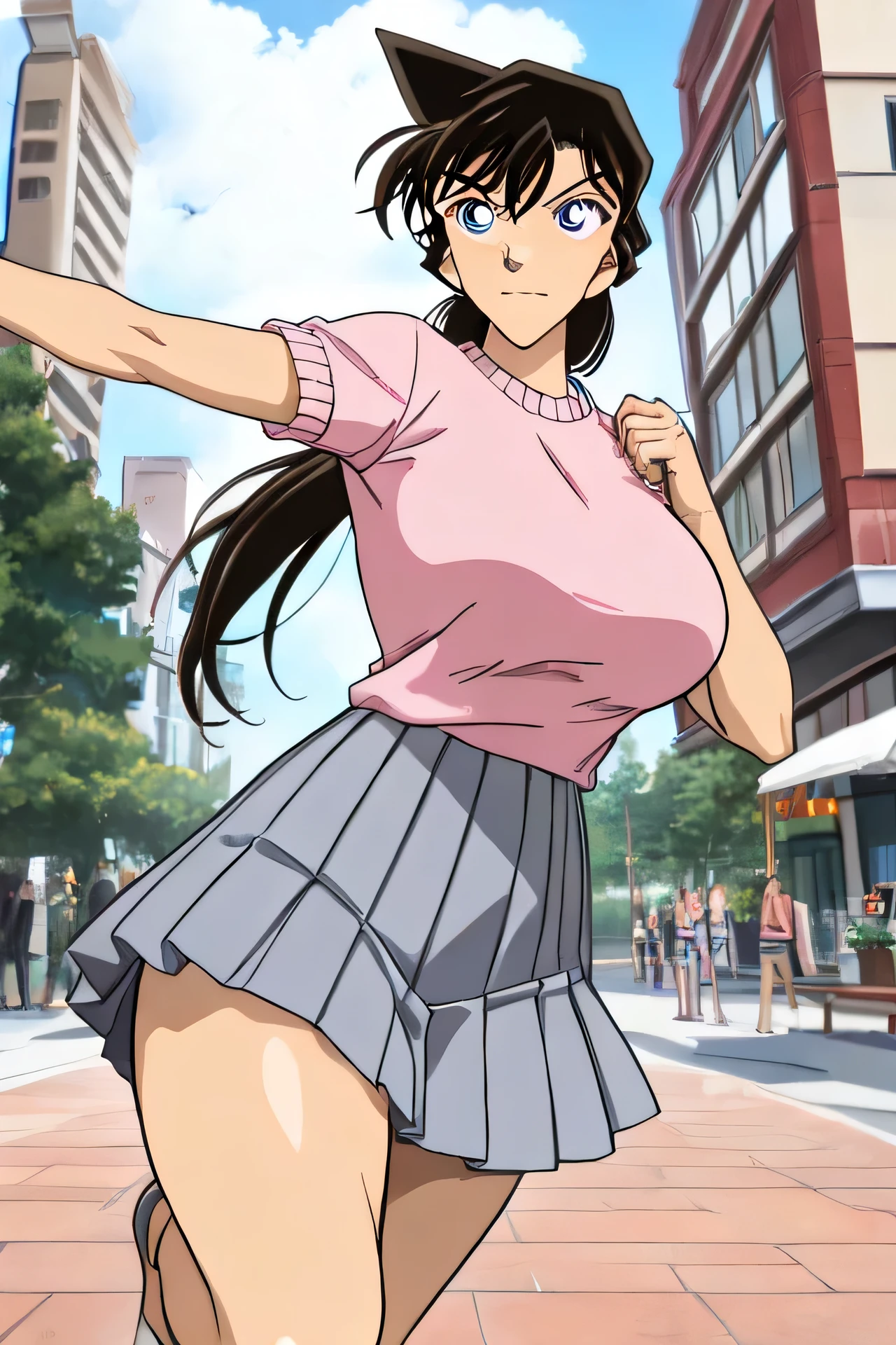 NSFW,((high kick1.1)),(Legs are high above the head),(( I balance)),((cowboy shot1.5)), ((cowboy shot:1.47)),(( full body zoom )),closed mouth, Her hairstyle is longhair,((thick thighs:1.12)),black hair color, ((serious)),(()),((large breasts)),curvy,inverted triangle face,Well-balanced limbs, gramer body, long limbs,1mature, ((outdoor:1.2)), action pose,Ran Mouri Detective Conan,((1mature:1.2 )), anime,Detective Conan, Ran Mouri 、(looking at from the front), Look at the camera,(1mature), Ran Mouri,smile, close mouth , 1mature, alone , Casual pink short sleeve sweater,Fine mesh detail on sweater, gray long pleated skirt,blue eyes, big eyes