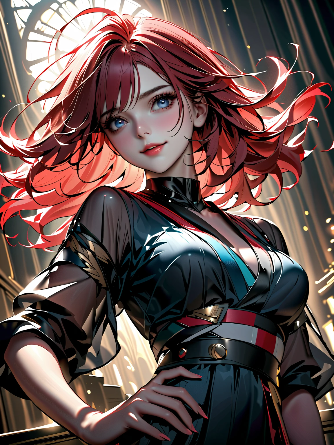 Beautiful eyes, (croptop), (black jeans), (full arm tattoo), illustration, (shop background) ((masterpiece)), (best quality), ((ultra-detailed)), beautiful detailed eyes, (wampire), ((modern landscape)), (original, highres), realism, semi-realism, (overexposure, illustration, ambient light), (beautifully detailed), (ultra-detailed), (light-shadow_symmetry:1.3), smooth, (perfect shading), (perfect rendering), (dynamic angle, natural pose), ((good anatomy)), (smile), demonic aura, (luscious ginger hair), (hair over one eye), (detailed face), ((intricate face)), smile, depth of field, dynamic from above, cinematic lighting, (photorealistic), (sharp-focus)