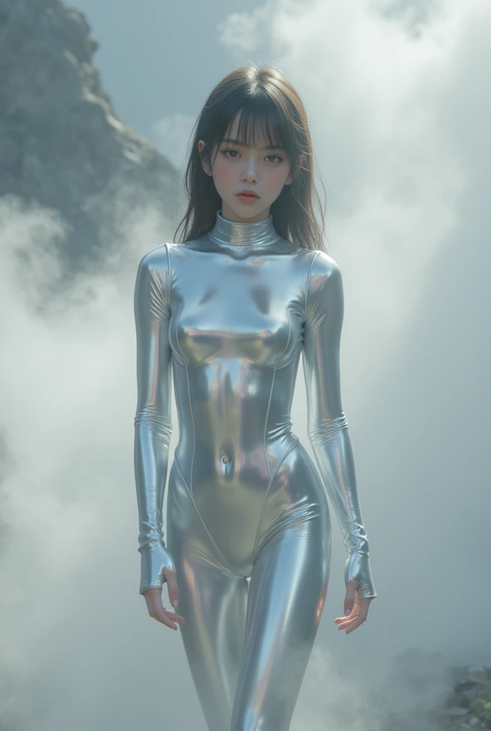 8k, RAW photo, best quality, ultra high resolution, (photorealistic), realistic photo of skinny japanese girl model, (skinny japanese girl, 20 years old, most beautiful japanese girl in the world, slim face, black hair, one long braided hair, single braid), in the futuristic hall, (white walls with blue inserts), blue neon light light, (full body picture), (photo from the side), standing posing for picture, sexy pose, (seductive pose), (wearing: (translucent shiny latex whole body costume), ((looking at viewer)), fierce look, seductive, (extremely detailed CG unity 8k wallpaper), Sharp focus, (bright light)