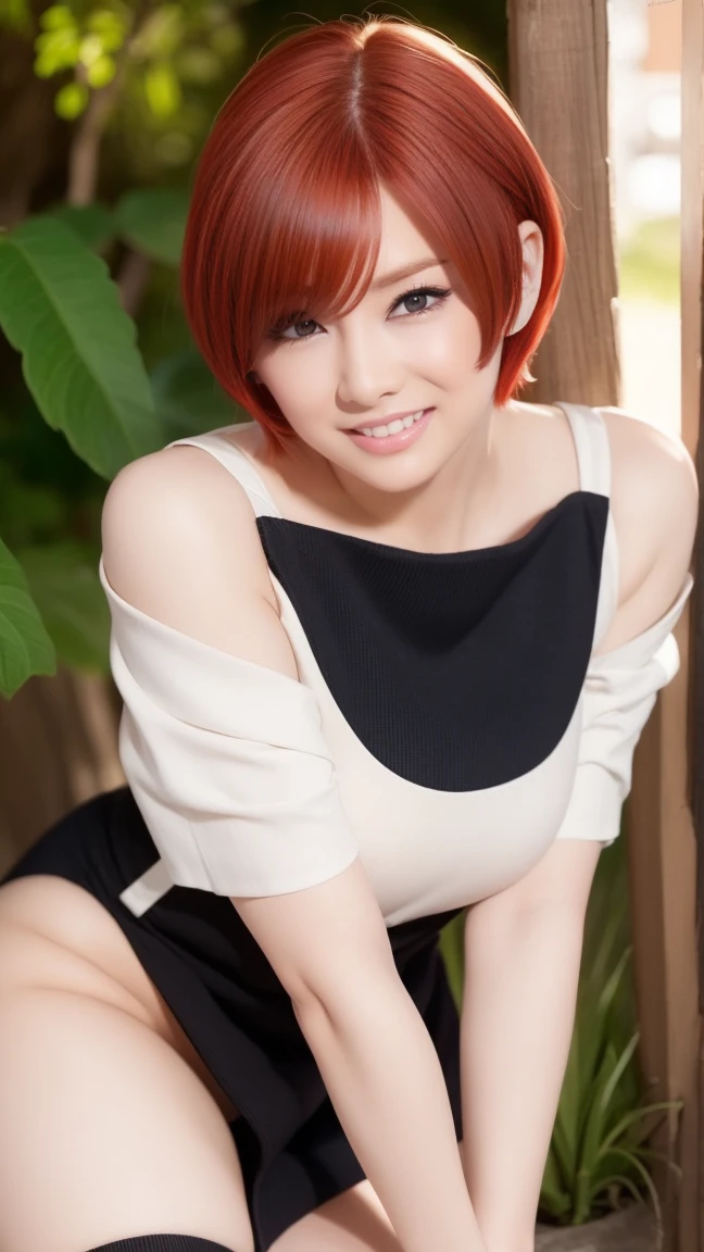 Realistic, Photorealistic,Cowboy shot,Masterpiece, absurdress ,1girl, haruno sakura, forehead mark, red hairband, red sleeveless dress,black panties, bellybutton, groin, A bracelet, looking a viewer, Smile, cherry blossoms, Private garden, the wind, Floating hair, big breastes ,(((wide hips))), Toned body, Detailed eyes,
