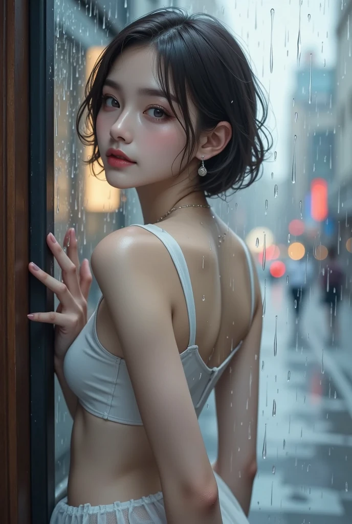 Maximum quality, work of art, ultra-high resolution, (photorrealistic: 1.4), CRU photo, 1 girl, Light brown bun hair, bob hair, shining skin, body soaking wet, dramatic lighting, whole body,, bra blue, Blue T-back, mic, 15 year old woman, work of art, bendover posture