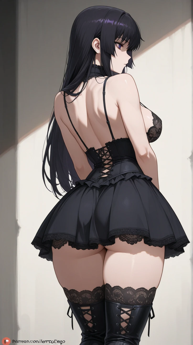 A beautiful girl in a black dress leaning forward on a wooden platform, anime girl, rose garden, beautiful and sunny day, raises her cute ass, black ta dress with lots of ruffles, floral print dress, short sleeve, lolihoker, low-cut chest, big round breasts, white lace thigh-high stockings, aqua panties, (lingerie with fine lace:1.4), black lolita s, dark brown hair, gradient bangs, french braid, long hair, ponytail, wavy hair, swept bangs, shiny hair, hairclip, hair ribbon, hair flower, jewelry, lolita hairb aqua eyes, glowing eyes, pupils sparkling, earrings, light smile, blush, happy, red lips, slim waist, shapely legs, beautiful thighs, princess dress, short skirt, skirt lift, from behind, from below, high detail, anime, dithering, image fill, perspective, Wide-Angle, f/1.8, 85mm, Sony FE GM, 8k, 8k wallpaper, super detail, highly detailed CG, UHD, retina, masterpiece, accurate, anatomically correct, textured skin, highres, best quality:1.3, 16k