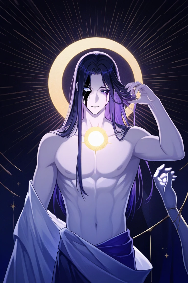 Man, muscular, dark purple hair, golden eyes, shirtless, silver skin, purple monk skirt, barefoot, universe, white skin, pale skin, long hair, hair with stars