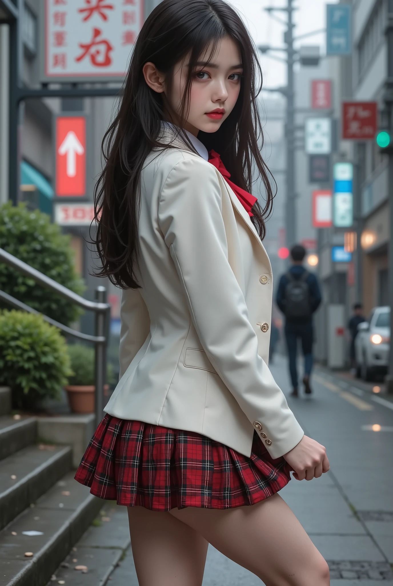 ultra fineCG Unity 8k壁紙、best image quality、ultra fine、masterpiece、real、写真real、ultra fine可愛い女の子、18 years old、(high school girl standing on school stairs)。 ((Rear view)),((looking back at the drugstore)),(笑faceの高校生)、((skirt flip))、((flipping by myself))、low angle on frill、cover、Red lips、watching the viewer、((low angle on frill)) body shot of lightning、(crowd)、(渋谷のcrowd)、(Japanese high school and designated shoes)、(white blazer、Emblem on her chest 1. 2)、(Plaid Mini Skirt:1.5)、(White shirt for students)、(red bow tie:1. 2)、(light brown casual fur)、(carmel two)、(Black Loafers:1.5)、(beautifulface:1.3)、(perfect proportions:1.2)、(Long front legs:1.2)、(beautiful:1. 3)、((looks like panties can be seen from under the skirt))、((textured skin))、((pink Japanese high school panties visible))、((wet hair、wet skin))、sexy。 Emoji、 navy blue cardigan、(holding down her soaring skirt with her hands)、 flirting、face、(skirt left)、(wet hair、wet skin)、Yuco 、Cloudy、winter、(BAPV)