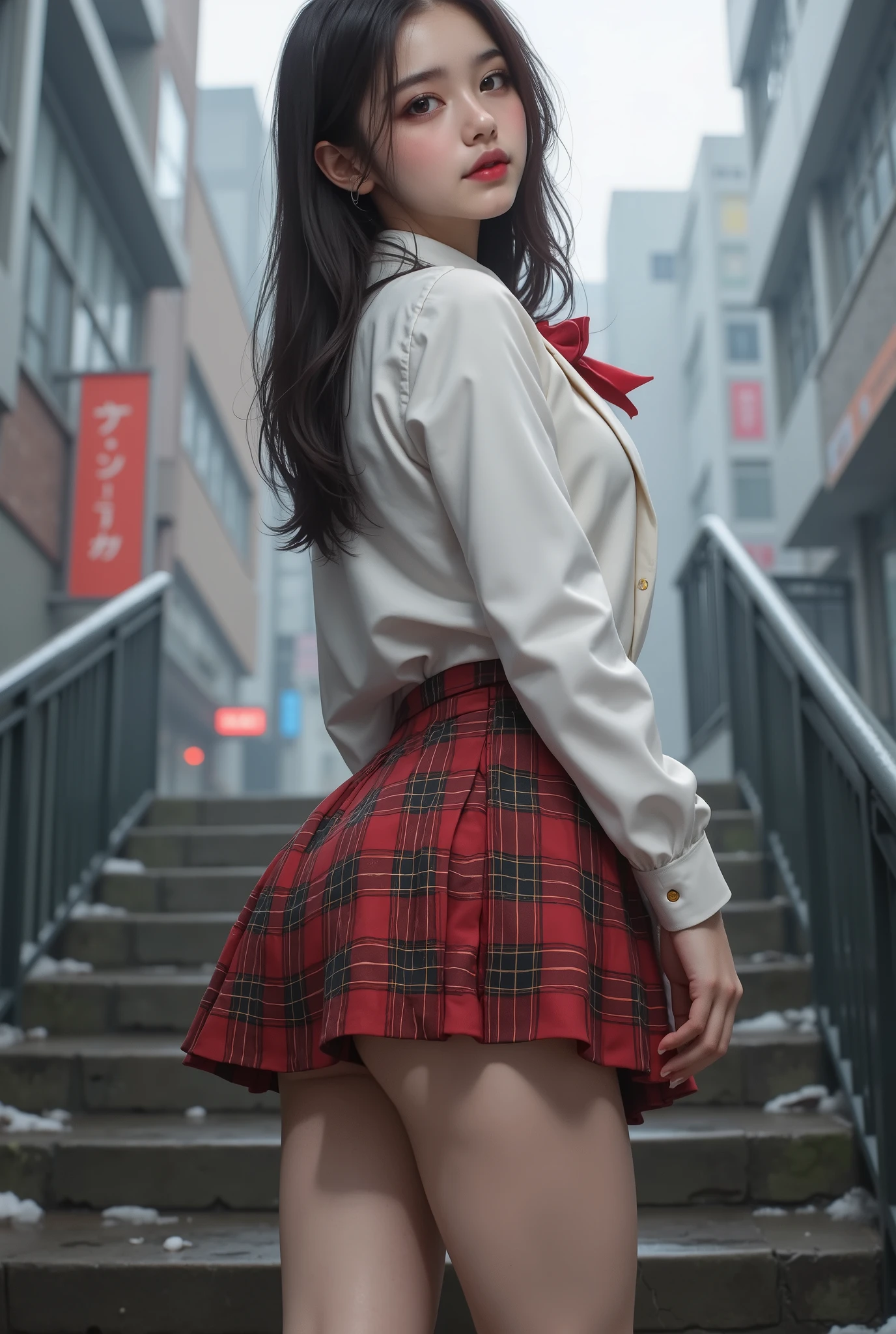 ultra fineCG Unity 8k壁紙、best image quality、ultra fine、masterpiece、real、写真real、ultra fine可愛い女の子、18 years old、(high school girl standing on school stairs)。 ((Rear view)),((looking back at the drugstore)),(笑faceの高校生)、((skirt flip))、((flipping by myself))、low angle on frill、cover、Red lips、watching the viewer、((low angle on frill)) body shot of lightning、(crowd)、(渋谷のcrowd)、(Japanese high school and designated shoes)、(white blazer、Emblem on her chest 1. 2)、(Plaid Mini Skirt:1.5)、(White shirt for students)、(red bow tie:1. 2)、(light brown casual fur)、(carmel two)、(Black Loafers:1.5)、(beautifulface:1.3)、(perfect proportions:1.2)、(Long front legs:1.2)、(beautiful:1. 3)、((looks like panties can be seen from under the skirt))、((textured skin))、((pink Japanese high school panties visible))、((wet hair、wet skin))、sexy。 Emoji、 navy blue cardigan、(holding down her soaring skirt with her hands)、 flirting、face、(skirt left)、(wet hair、wet skin)、Yuco 、Cloudy、winter、(BAPV)