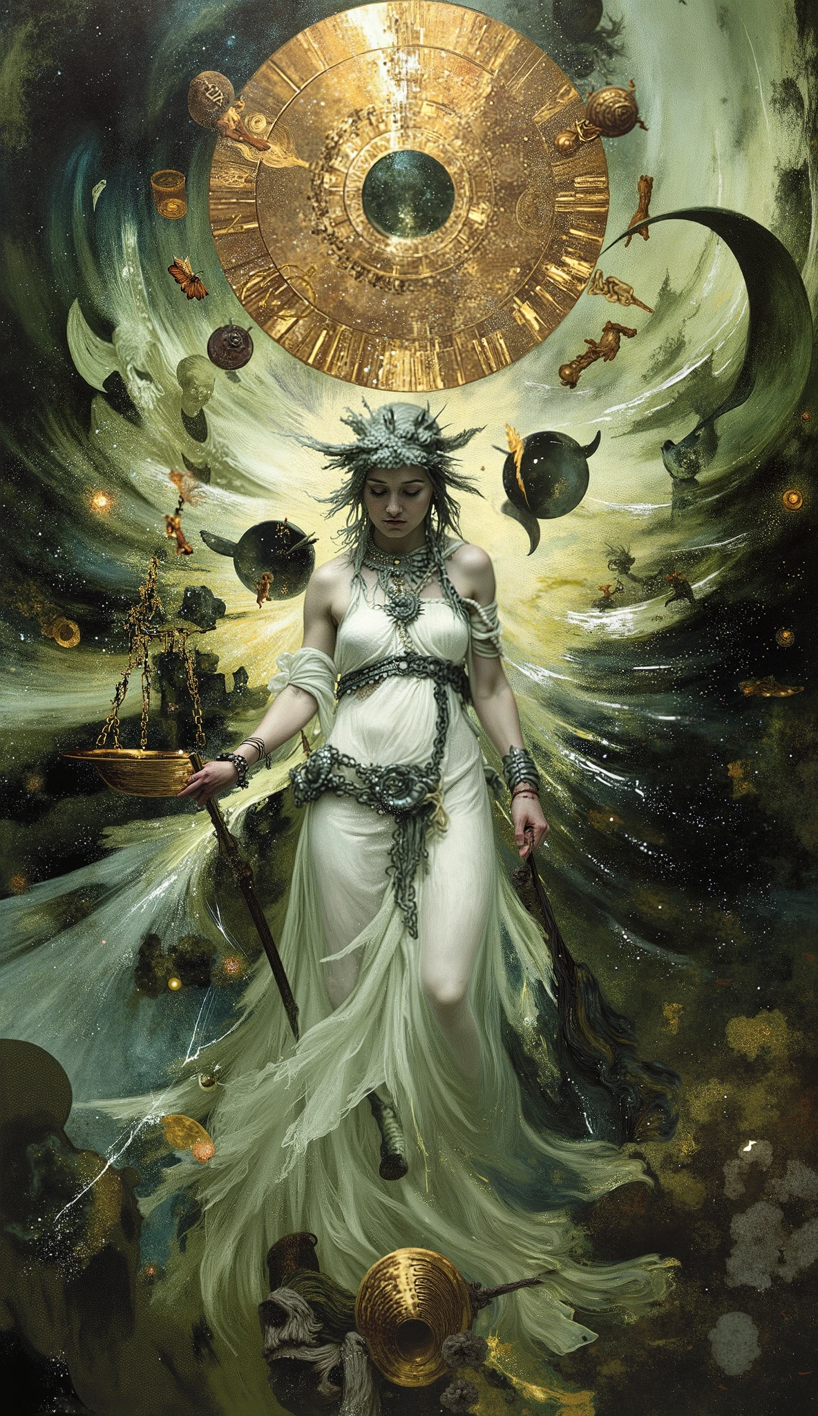 A powerful female figure emerges as the central embodiment of metaphysics and justice, surrounded by intricate astronomical symbols. She stands amidst a tempest, strong winds violently rocking the golden imperial scales she holds, their balance distorted by gravitational bridges and the curvature of spacetime. The scene unfolds in a dramatic, fantastic view infused with astral weightlessness, blending the dreamlike depth of Magic Realism. The composition is a visual symphony inspired by Roberto Matta's cosmic chaos, Jeremy Mann's moody textures, James Gurney's realism, and Caravaggio’s chiaroscuro. Frantic lines à la Ralph Steadman meet Jackson Pollock’s expressive bursts, while surreal elements echo Esao Andrews and Brian Viveros’ haunting elegance. The backdrop is woven like a tapestry by El Anatsui, shimmering with imperial colors, creating a metaphysical masterpiece — a reflection on justice in a universe where reality bends under unseen forces.