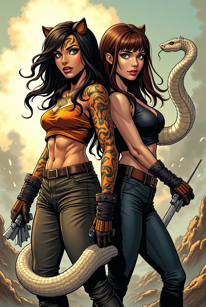 (comic art style), ink on paper, character turnaround sheet, medusa, gorgon, snakefolk, woman snake hybrid, lower body snake tail. full body portrait, masterpiece, craftsmanship nuance, color pieces, sketchbook, hand drawn, dark, gritty, realistic sketch, rough sketch, mix of dark bold lines and loose lines, bold lines, on paper, twisted character sheet, comics of the 1990's, harsh ink lines, expressive ink techniques, distinctive line work, precise harsh strokes, dynamic expressive linework)