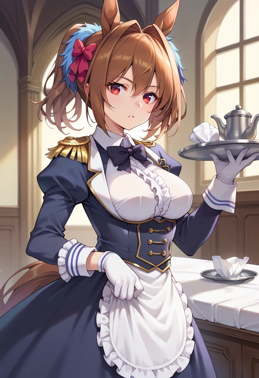 masterpiece, best quality, highres, (presenting panties:1.3), hands, 1girl, blonde hair, gloves, ribbon, blue jacket, dress, red ribbon, hair ribbon, blue eyes, hair between eyes, jewelry, jacket, long sleeves, brooch, ascot, bangs, braid, white ascot, white dress, hair intakes, skirt, large breasts, violet evergarden \(series\), violet evergarden, smile, panties, upper body, magazine cover,