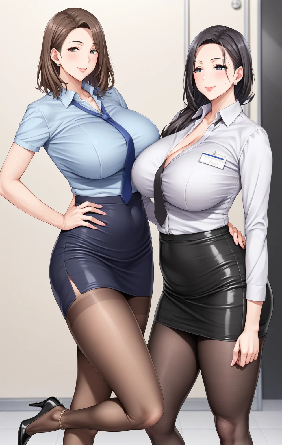 ((super high quality,Ultra-high resolution,16K,super masterpiece,Ultra HD ,Detailed shading)),Dark living room,Full body photo,Standing posture,((3Mature women:1.8,sexy mothers,Same costume for everyone)),Bust 90cm,Cleavage,(Naked shirt,popped Tight collar White shirts,Long sleeve,Black Pencil Skirt),Glasses,View here,blush,Ecstatic smile,Sweaty,Pearl Earrings,Pearl Necklace,Engagement Rings,