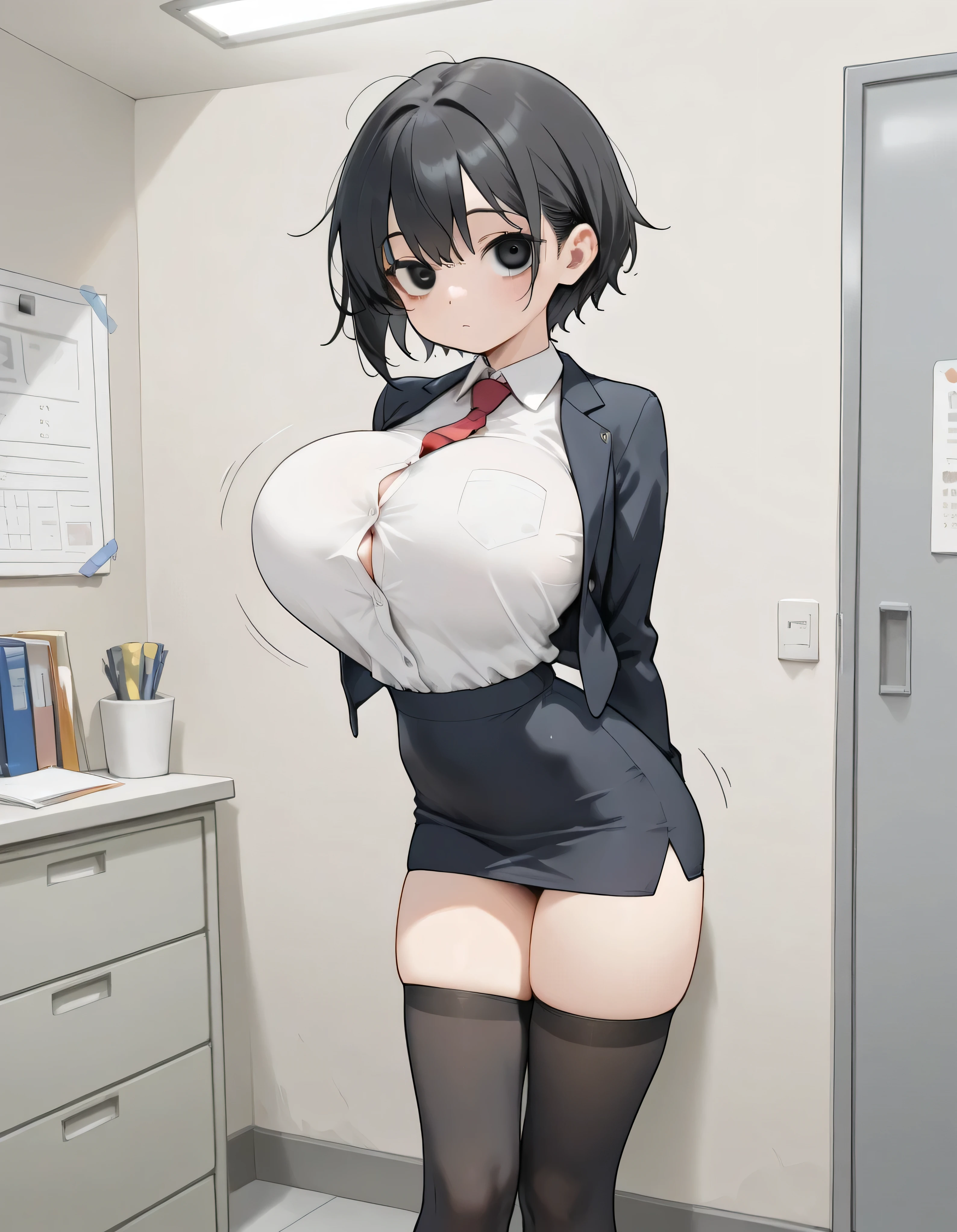 very small female, BREAK, solo, 1 skinny girl standing, (very perite girl), (very small girl:1.2), large eyes, detailed black eyes, black hair, BREAK, (disproportionately huge breasts:1.3), (too short torso), (too short waist), too narrow waist, skinny thighs, skinny legs, BREAK, looking at viewer, arched back, arms behind back, bouncing breasts, BREAK, tight-fit black blazer with closing chest, tight pencil skirt, black thighhighs, BREAK, glass-walled office room, skyscrapers in distance