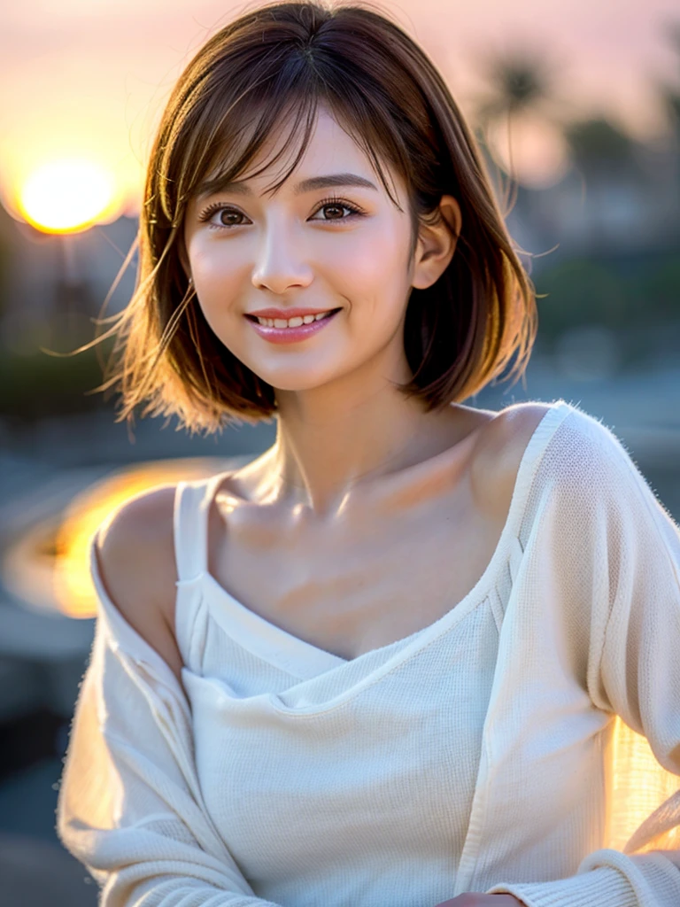 Enhanced dynamic perspective,Cute cute beautiful girl,((White cotton-off-shoulder top with frills))、Short pants、Look at me and smile,simple backgound,Works of masters,high quarity,4K resolution,super-fine,Detailed pubic hair,acurate,Cinematic lighting,Leaves the original facial proportions、(Huge breasts)、