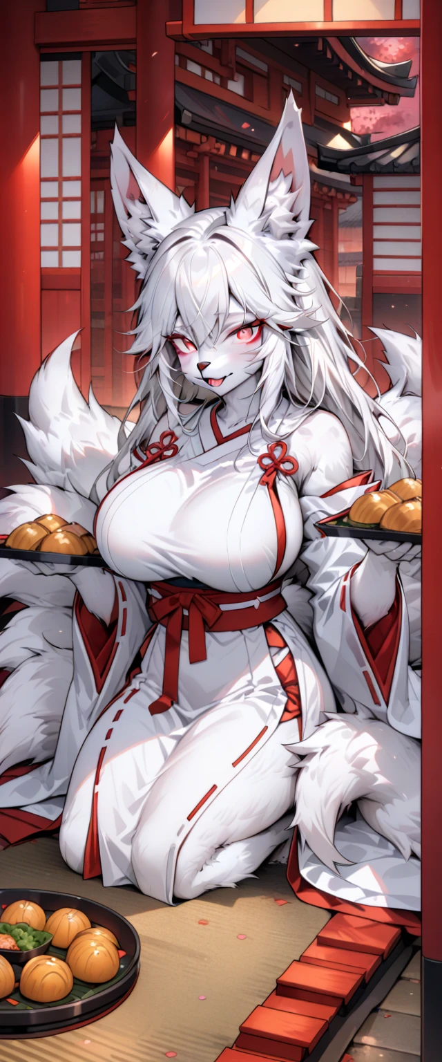 Fox girl extreme muscular body, geisha outfit, fair skin, fox ears, red oni horns, fox paws, 9 fluffy fox tails and gigantic breasts.