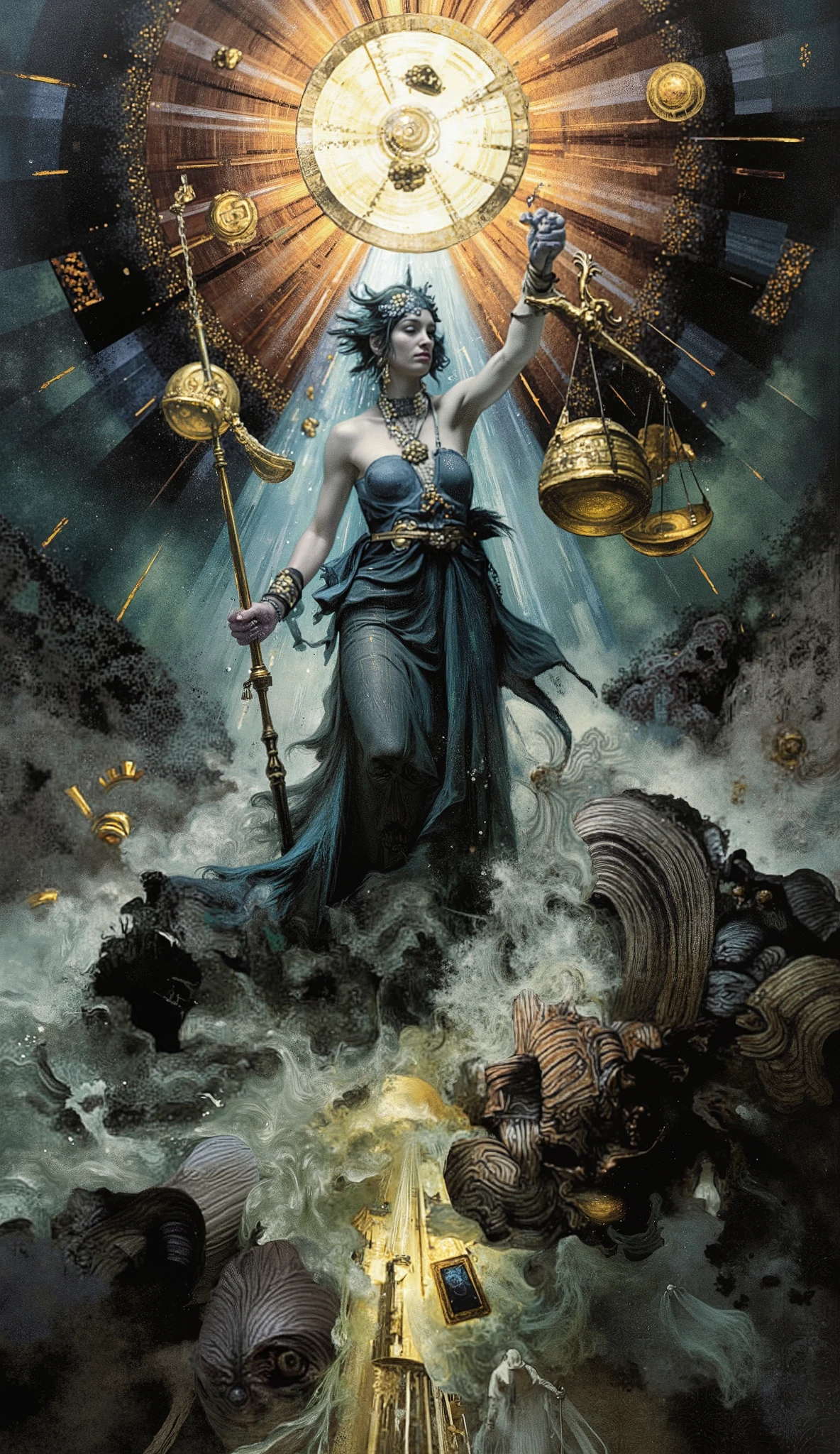 A powerful female figure emerges as the central embodiment of metaphysics and justice, surrounded by intricate astronomical symbols. She stands amidst a tempest, strong winds violently rocking the golden imperial scales she holds, their balance distorted by gravitational bridges and the curvature of spacetime. The scene unfolds in a dramatic, fantastic view infused with astral weightlessness, blending the dreamlike depth of Magic Realism. The composition is a visual symphony inspired by Roberto Matta's cosmic chaos, Jeremy Mann's moody textures, James Gurney's realism, and Caravaggio’s chiaroscuro. Frantic lines à la Ralph Steadman meet Jackson Pollock’s expressive bursts, while surreal elements echo Esao Andrews and Brian Viveros’ haunting elegance. The backdrop is woven like a tapestry by El Anatsui, shimmering with imperial colors, creating a metaphysical masterpiece — a reflection on justice in a universe where reality bends under unseen forces.