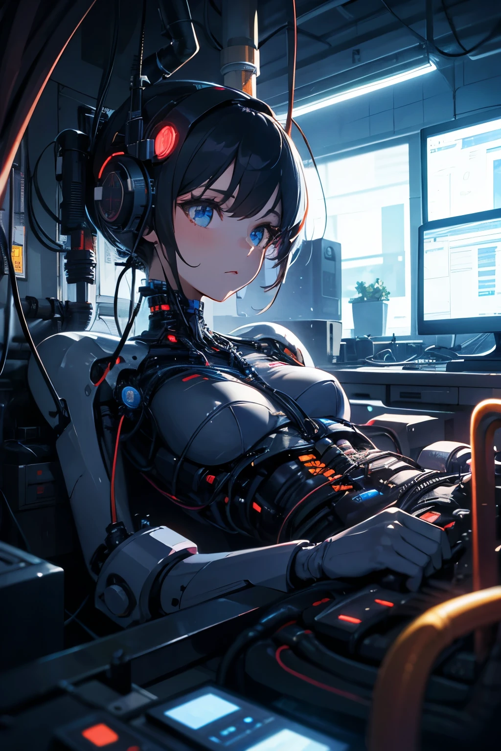 (((masterpiece))), ((((Best quality)))), (((ultra detailed))), (computer graphics), ((very gentle and beautiful)),(Sweet and gentle face),Cinematic light,((1 mechanical girl)),One,whole body, lesbian,(Machine Connections:1.4),((mechanical limb)),(Blood vessel, attached to the tube),((Mechanical vertebrae are attached to the back..)), ((Mechanical cervical vertebra, attached to the neck.)),((is sitting)),expressionless face,(wires and cables, attached to head and body:1.5),(Character Focus),Science fiction,looks at the camera,black цвет волос,black & White Style,Blue technology