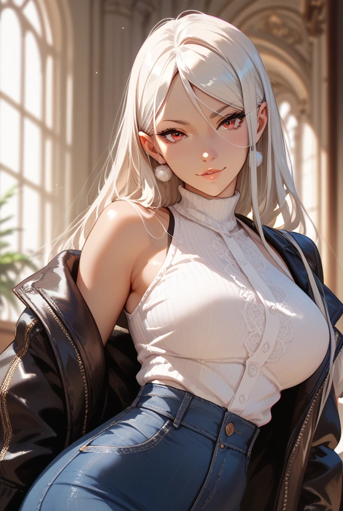 A silver-haired, dark-skinned woman in a black dress shirt and slim jeans Belly button showing Spread your legs Hair down to shoulders