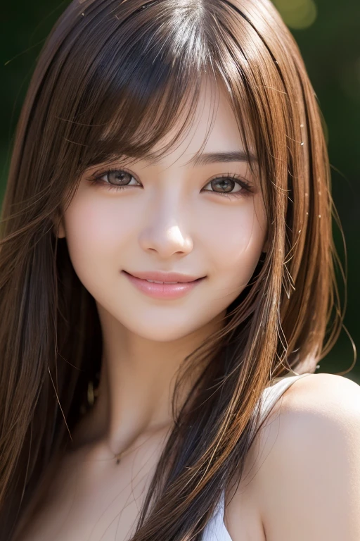 young beautiful japanese woman,, Light shiny brown messy medium length hair, Perfect dynamic composition, Beautiful Eyes, Fine hair, Detailed and realistic skin texture, Gentle expression, smile, Model Body Type、Lips close-up、all nude