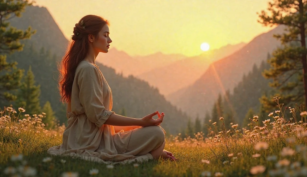 a highly detailed person meditating on a hill, wide clothing, cinematic lighting, intricate details, photorealistic, 8k, ultra-detailed, masterpiece, dramatic colors, warm tones, chiaroscuro lighting, peaceful atmosphere, serene expression, spiritual energy, natural environment, lush greenery, rolling hills, tranquil landscape