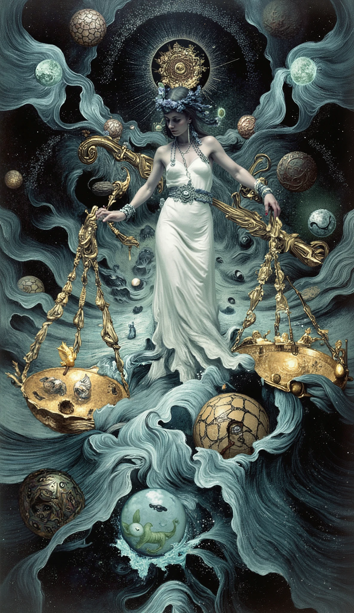 A powerful female figure emerges as the central embodiment of metaphysics and justice, surrounded by intricate astronomical symbols. She stands amidst a tempest, strong winds violently rocking the golden imperial scales she holds, their balance distorted by gravitational bridges and the curvature of spacetime. The scene unfolds in a dramatic, fantastic view infused with astral weightlessness, blending the dreamlike depth of Magic Realism. The composition is a visual symphony inspired by Roberto Matta's cosmic chaos, Jeremy Mann's moody textures, James Gurney's realism, and Caravaggio’s chiaroscuro. Frantic lines à la Ralph Steadman meet Jackson Pollock’s expressive bursts, while surreal elements echo Esao Andrews and Brian Viveros’ haunting elegance. The backdrop is woven like a tapestry by El Anatsui, shimmering with imperial colors, creating a metaphysical masterpiece — a reflection on justice in a universe where reality bends under unseen forces.