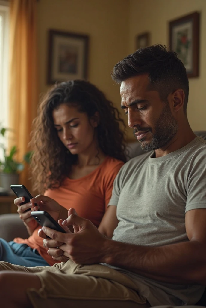 ((best quality)), ((master part)), (circunstanciado), rosto perfeito. A couple on the couch in summer clothes looking at their cell phone with a doubtful face. Homem com cara de macaco. Estilo punk. Mulher latina
