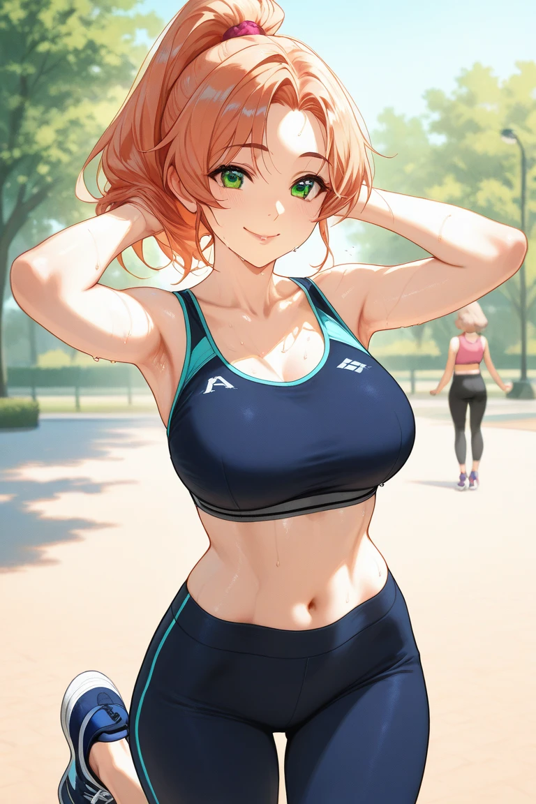 masterpiece, best quality, highres, nn1, 1girl, hair ribbon, short hair, ponytail, black legwear, sports bra, park, running, medium breast, breast out, sexy pose, Nakano Nino,