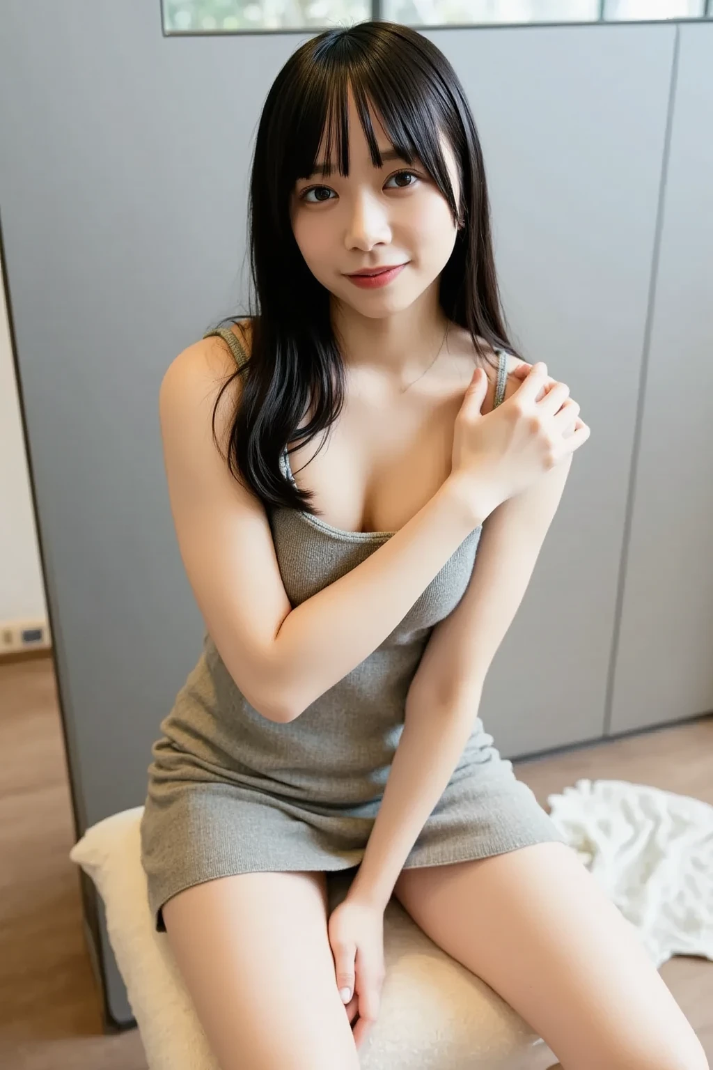 masterpiece photo, 8k, raw photo, 160cm, 32 old english teacher having tiny asian flat chest, sex on her academy (wearing sheer sheer dress), embressed smile, 1girl, white background with black board, nsfw:1.8, ((gray dyed banged hair)), sex near blackboard, view from the side of the chair, white panties and waist visible from below, licking my dick
