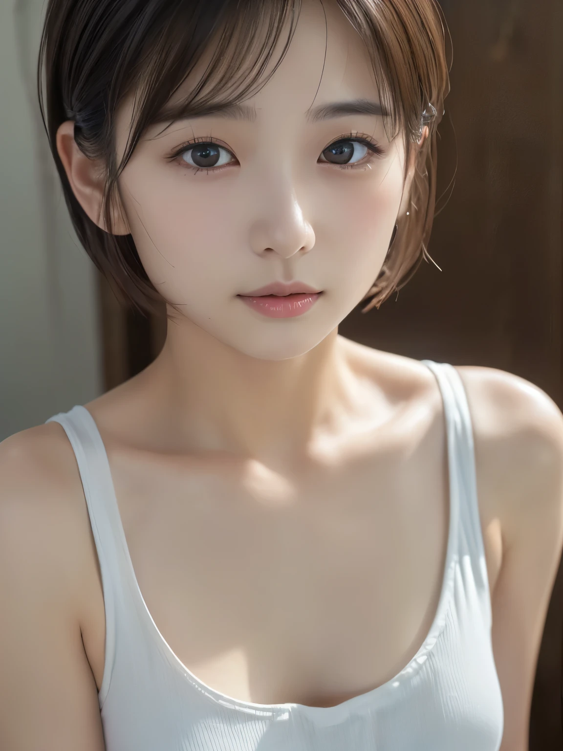 realistic , (( plain Japanese face ))、 Normal Japanese face 、Chest、 Shorthair、(( Shiny Skin ))、( slouching forward :1.3)、(( top quality 、8k、32K、 masterpiece )、( tank top)、 stand on all fours、 upper body close-ups 、(( small 、Small breasts))、(( face close-up ))、(( makes me drool))